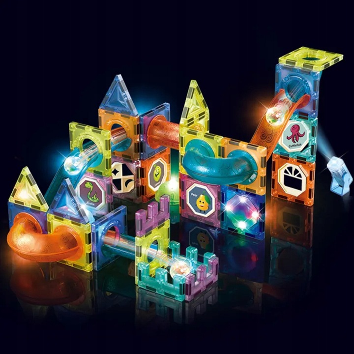 DUŻE KLOCKI MAGNETYCZNE KONSTRUKCYJNE ŚWIECĄCY TOR KULKOWY 75 ELEMENTÓW