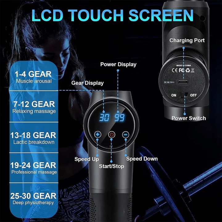 PISTOLET DO MASAŻU MASAŻER DO PLECÓW CIAŁA MASSAGE GUN 30 PRĘDKOŚCI 10 GŁOW