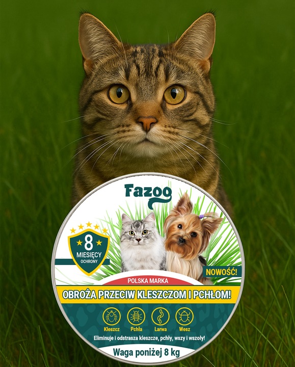 OBROŻA NA KLESZCZE i Pchły dla Psa Kota Antykleszczowa 8 Miesięcy Fazoo