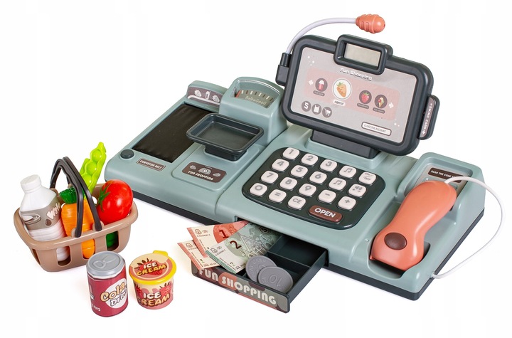 KASA FISKALNA Dla dzieci ZABAWKOWA zestaw SKANER WAGA TELEFON KOSZ ZAKUPY