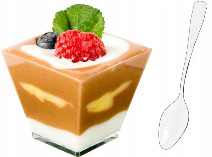 Zestaw Pojemniki piramidki na desery deserki mini 200ml + łyżeczki 50 kompl