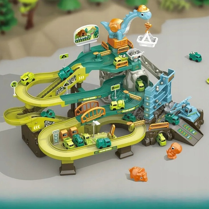 MEGA TOR SAMOCHODOWY PARKING POCIĄG DŹWIG KOLEJKA STACJA TUNEL DINOZAUR REX