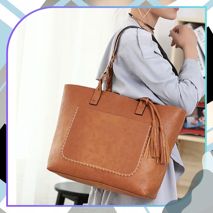 Damska Torebka A4 SHOPPER duża pojemna klasyczna skórzana brązowa eko skóra