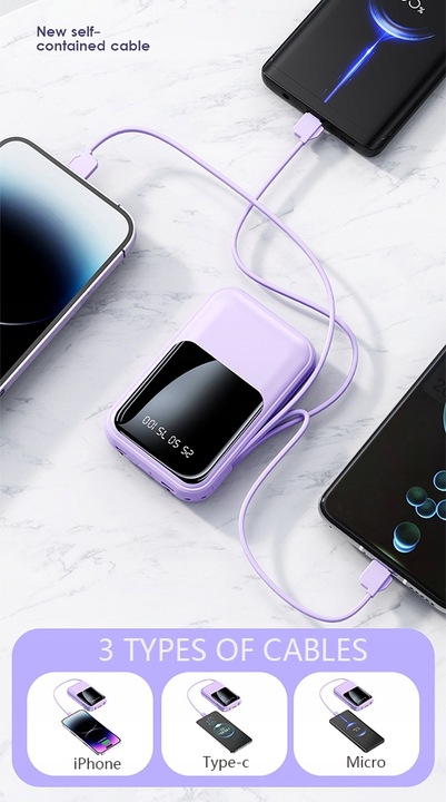 POWER BANK 10000MAH USB/USB-C QC PD WBUDOWANY KABEL Wyświetlacz cyfrowy