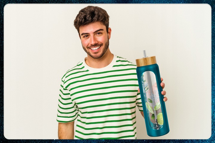 BUTELKA SZKLANA NA WODĘ NAPOJE ZE SŁOMKĄ SITKIEM SZCZELNA DUŻA BIDON 1,2L