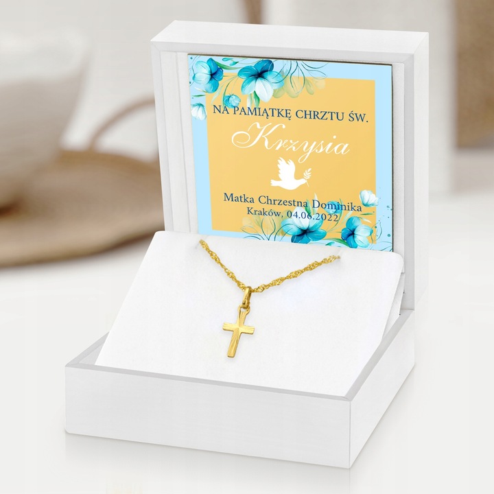 Złoty Krzyżyk z Łańcuszkiem na Chrzest dla Chłopca 585 Pamiątka Chrztu