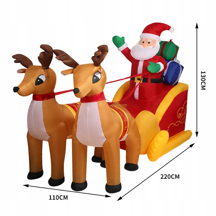 DMUCHANY MIKOŁAJ 2,2m na SANIACH RENIFERY Ozdoba Świąteczna Dekoracja Duży
