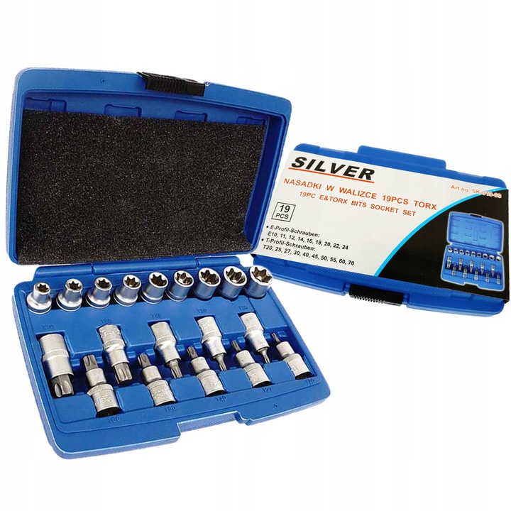 SILVER ZESTAW NASADEK TORX NASADKI KLUCZE NASADOWE E-TORX 1/2 19E SK-019-03