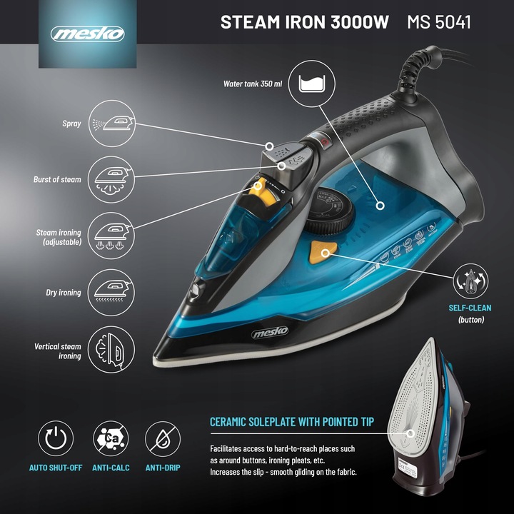 Żelazko PAROWE 3000W Strażak ANTI-CALC ANTI-DRIP Prasowanie w Pionie MOCNE