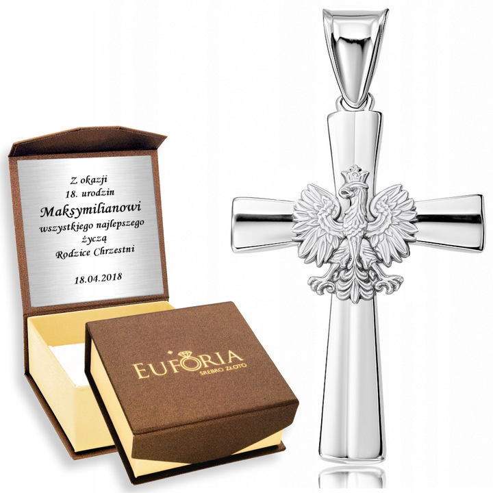 Srebrny Wisiorek 925 Męski Krzyż z Orłem Grawer