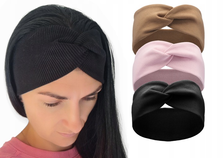 Opaska do włosów czarna brązowa puder ZESTAW 3szt przeplatana prążek