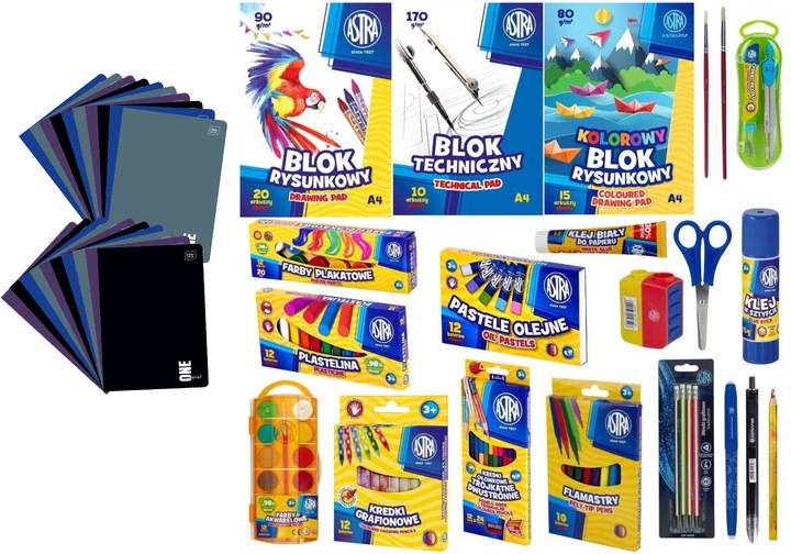 WYPRAWKA SZKOLNA ASTRA XL 22 ELEMENTY klasa 4-8+ 20x ZESZYT W KRATKĘ A5 60k