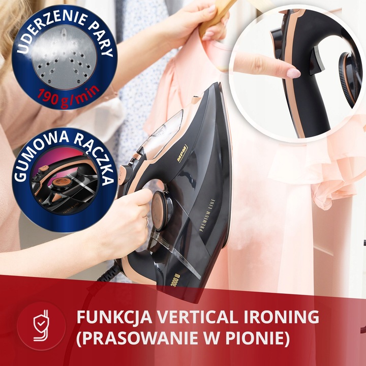 Żelazko parowe ze stopą ceramiczną 3000W czarne mocne MPM MZE-24/C