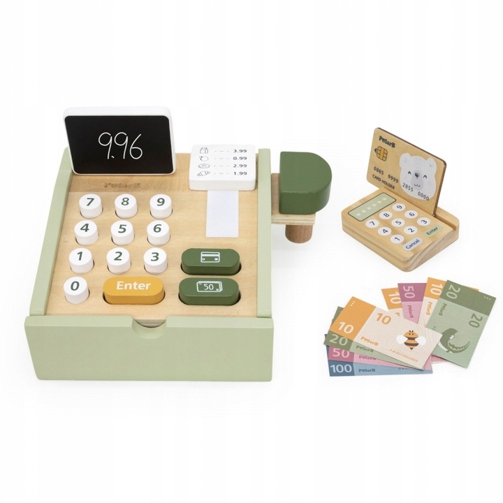Drewniana kasa sklepowa PolarB w kolorze zielonym z terminalem i gotówką