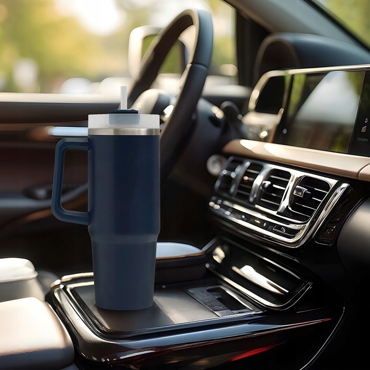 KUBEK TERMICZNY Z UCHWYTEM I SŁOMKĄ 900 ML DO AUTA Szczelny Stal Nierdzewna