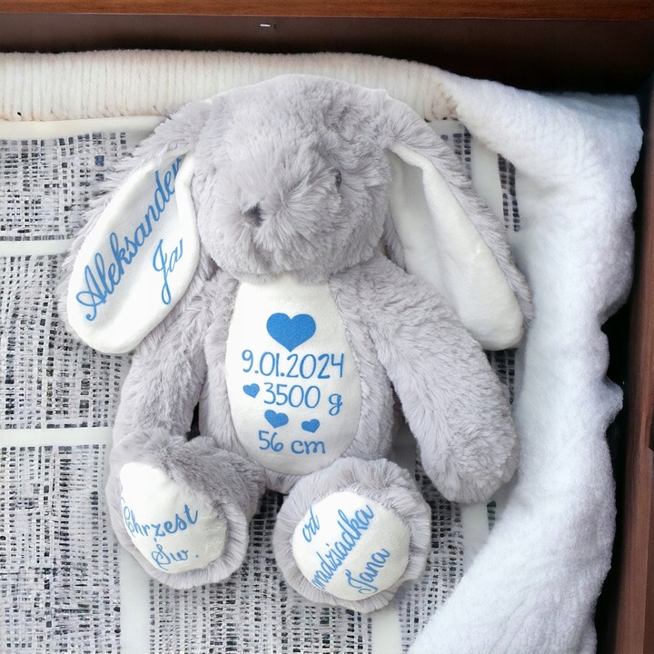 Króliczek metryczka prezent Chrzest przytulanka maskotka miś imię urodziny