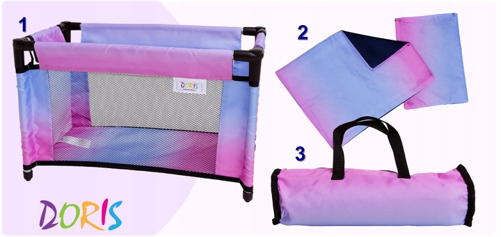 Łóżeczko dla lalek turystyczne kojec + TORBA POŚĆIEL ZESTAW 52 cm Doris