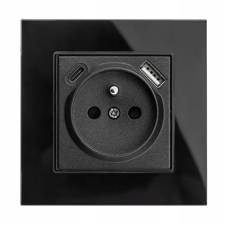 Gniazdko pojedyncze SZKLANE 230V KONTAKT z BOLCEM uziemieniem CZARNE USB C