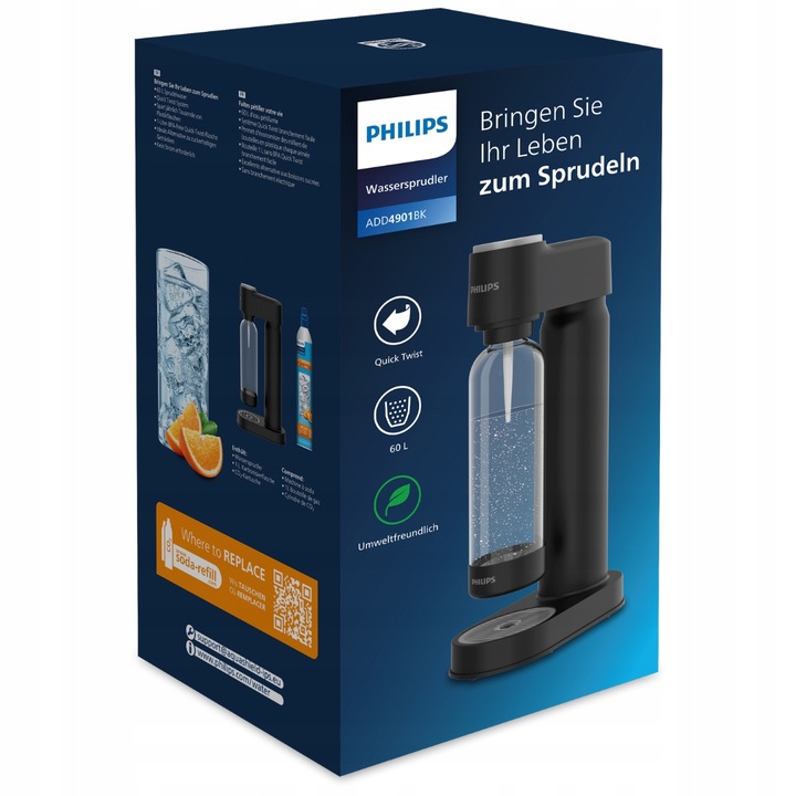 Saturator do gazowania wody PHILIPS ADD4901BK gazowanie wody, 2 butle CO2
