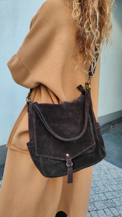 Zamszowa torebka worek skóra brązowa czekoladowa