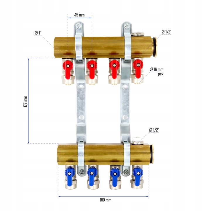 Rozdzielacz C.O. 4 obwodów zaworki PEX odpowietrzniki DO GRZEJNIKÓW
