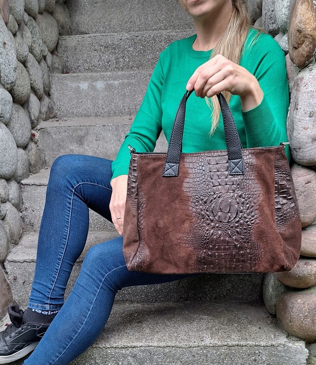 CZEKOLADOWA Zamszowa Torebka Włoska Kuferek SKÓRA NATURALNA Vera Pelle