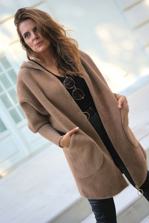 PRZEJŚCIOWY PŁASZCZ z alpaki Z KAPTUREM na suwak KOLOR BIAŁY r. oversize