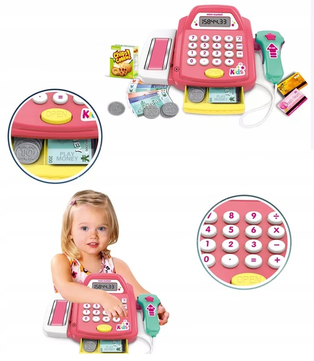 KASA SKLEPOWA FISKALNA SKANER DŹWIĘK KALKULATOR MONETY PIENIĄDZE AKCESORIA