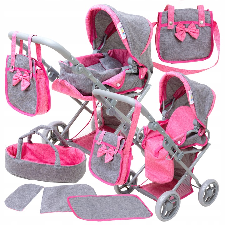 WÓZEK DLA LALEK 3w1 Spacerowy Głeboki Nosidło Torba Przewijak DORIS