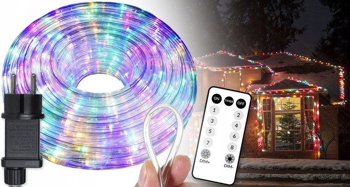 WĄŻ LED LAMPKI ZEWNĘTRZNE CHOINKOWE FLASH TRYBY TIMER RGB IP67 10m 230V