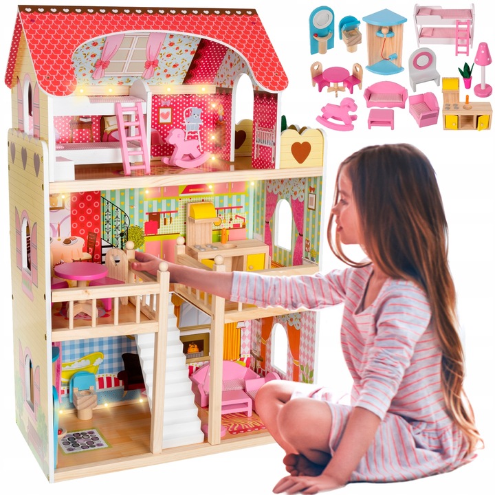 Domek dla Lalek Duży XXL Drewniany Mebelki Oświetlenie LED Akcesoria Meble