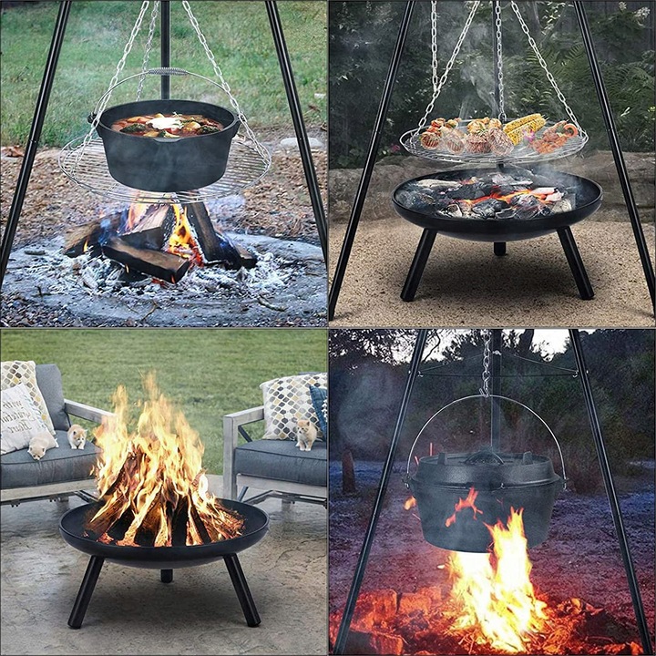 PALENISKO TRÓJNÓG GRILL OGRODOWY OGNISKOWY WISZĄCY DUŻY RUSZT CHROMOWANY 50