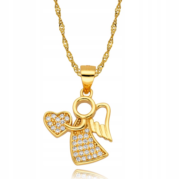 Złoty Łańcuszek 925 Medalik Aniołek z Sercem Chrzest Komunia Grawer