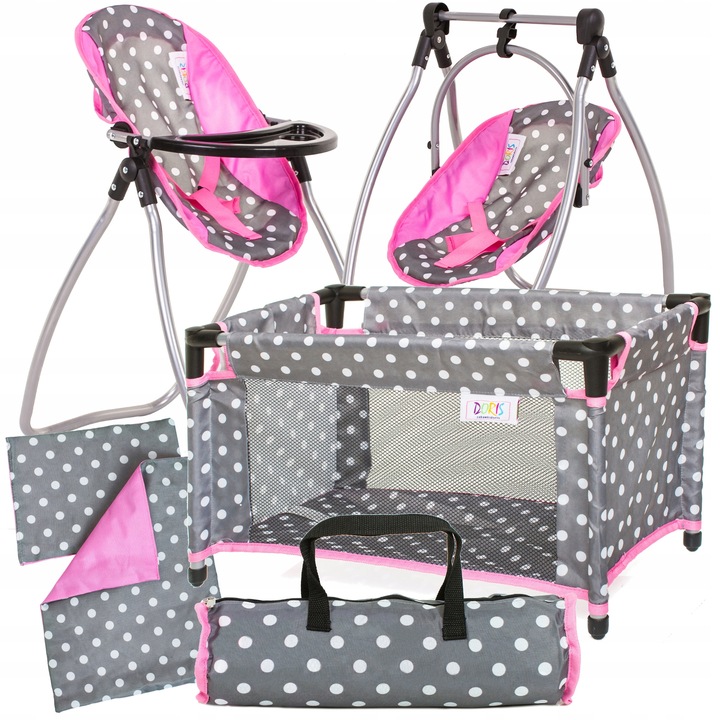 Zestaw dla lalek ŁÓŻECZKO + KRZESEŁKO do karmienia dla laki HUŚTAWKA 2w1