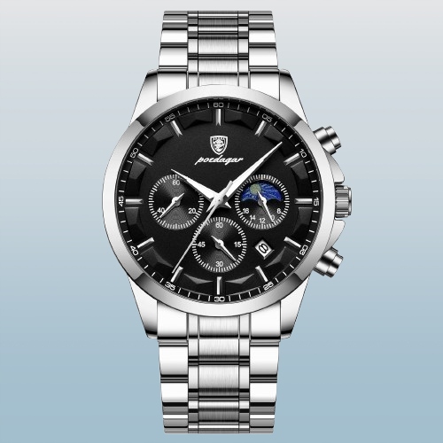 SREBRNY ZEGAREK MĘSKI NA BRANSOLECIE POEDAGAR CHRONOGRAF PUDEŁKO DATOWNIK