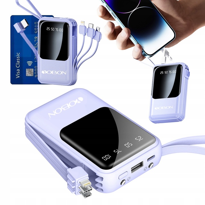 POWER BANK 10000MAH USB/USB-C QC PD WBUDOWANY KABEL Wyświetlacz cyfrowy