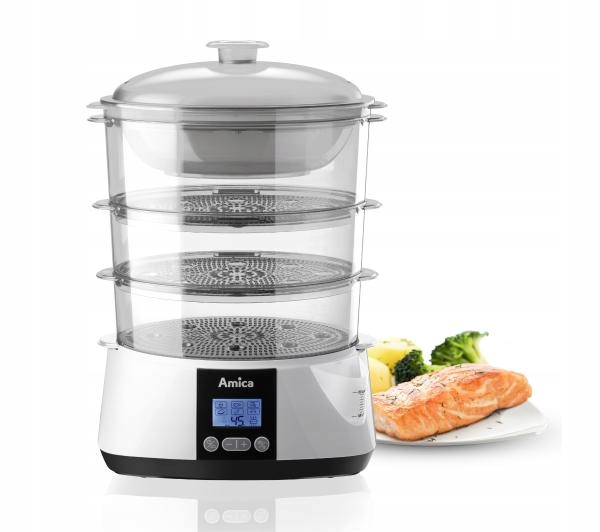 Parowar Amica PT3012 900W 10,8L 3 Pojemniki Wyświetlacz Timer Biały