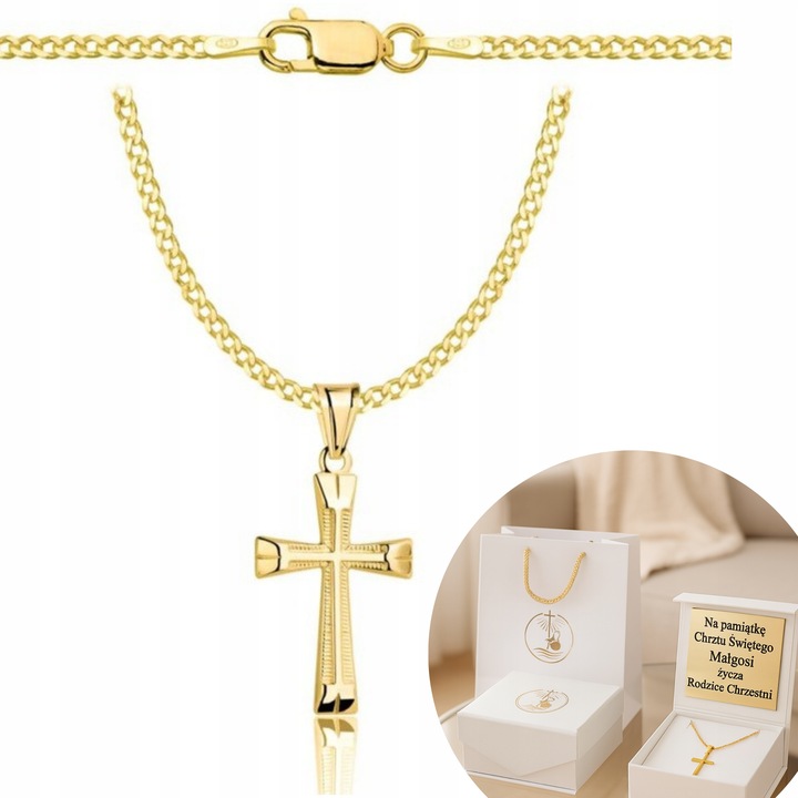 ZŁOTY ŁAŃCUSZEK NA CHRZEST CHRZCINY KRZYŻYKIEM PR 925 585 GRAWER PAMIĄTKA