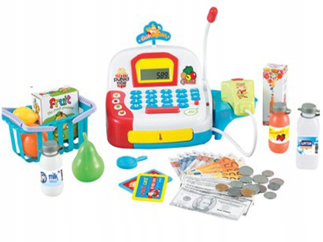 DUŻA Interaktywna Kasa Sklepowa Koszyk Produkty SKANER MIKROFON BILON KARTY