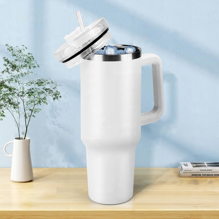 DUŻY KUBEK TERMICZNY Z UCHWYTEM I SŁOMKĄ TERMOS DUŻY 1200ML BIAŁY