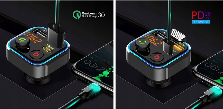 TRANSMITER BLUETOOTH 5.0 FM ŁADOWARKA USB PD 20W QC 3.0 BASS MOCNY MIKROFON