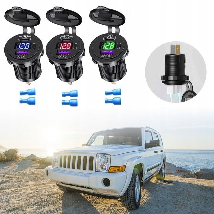 ŁADOWARKA SAMOCHODOWA USB QC3.0 + PD USB C WOLTOMIERZ PRZYCISK ON/OFF