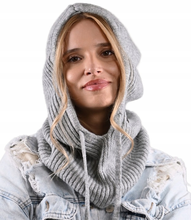 Czapka damska szara KAPTUR modny balaclava Kominiarka komin miekka zimowa