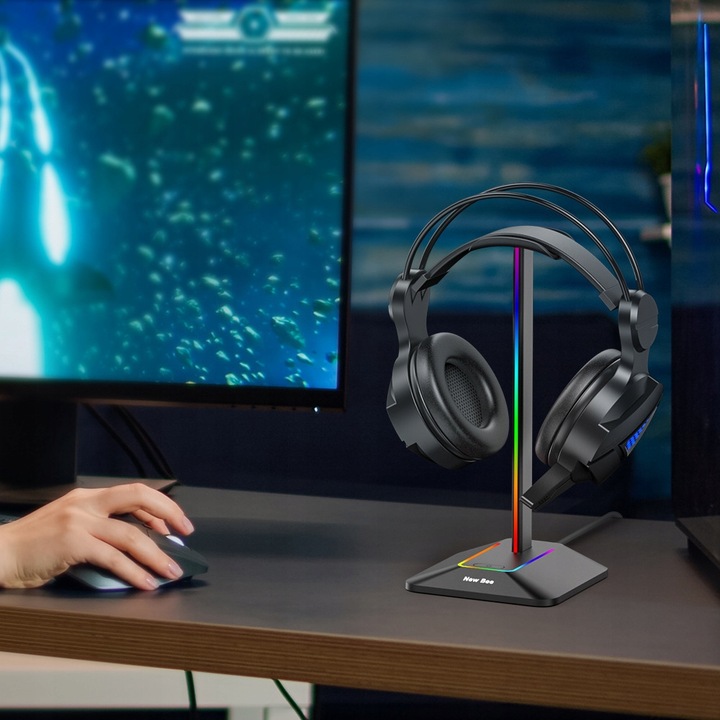 STOJAK STATYW NA SŁUCHAWKI NEW BEE GAMINGOWY PODŚWIETLENIE RGB LED HUB USB