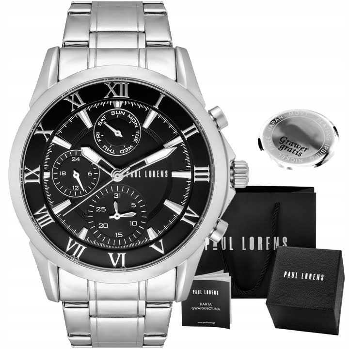 Zegarek męski Paul Lorens NEXTON multi-datownik SREBRNY stylowy BOX+ GRAWER