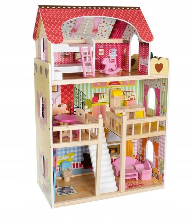 Duży Domek Dla Lalek XXL Drewniany Mebelki Do Zestawu Oświetlenie LED