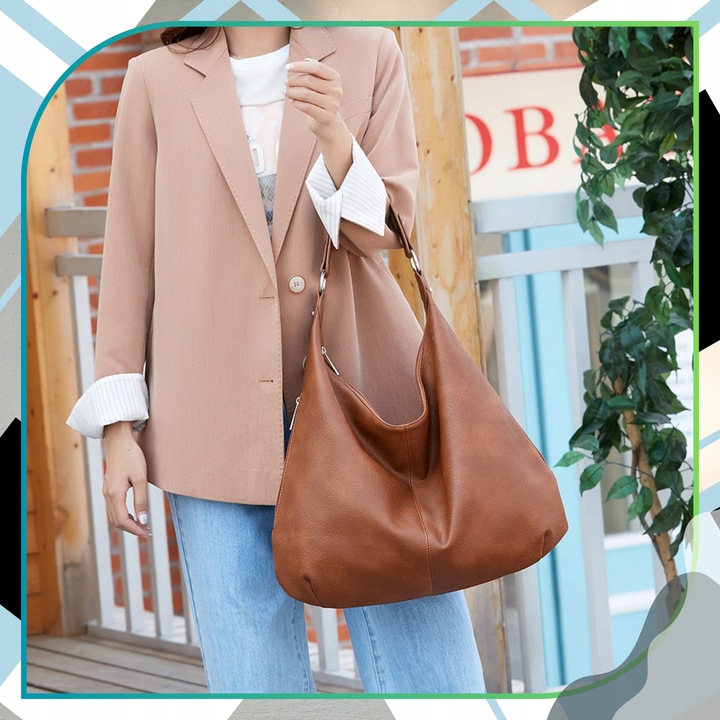 Damska Torebka Skórzana Brązowa Worek Pojemna A4 Duża Na Ramię Pasek Skóra