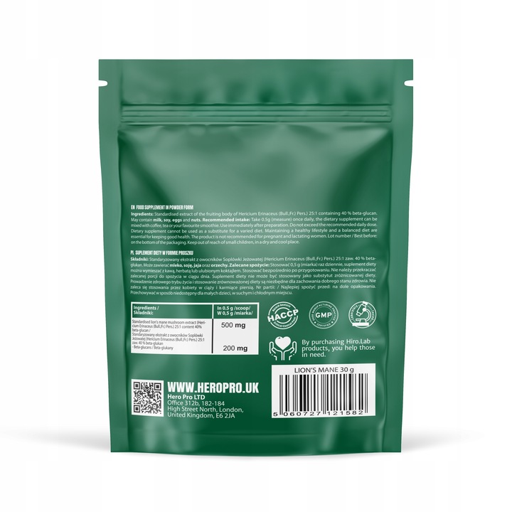 LION'S MANE SOPLÓWKA JEŻOWATA EKSTRAKT PAMIĘĆ 500mg DER 25:1 30g HIRO.LAB