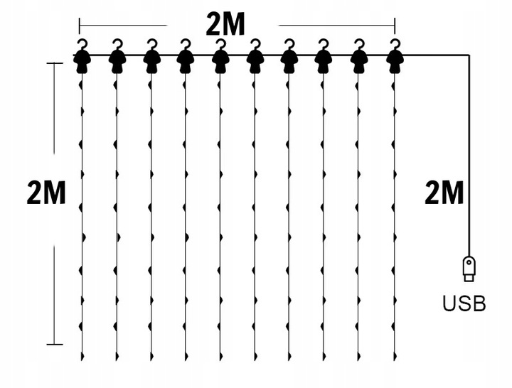KURTYNA ŚWIETLNA LAMPKI SOPLE DRUCIKI 200 LED 2x2m GIRLANDA USB + ADAPTER