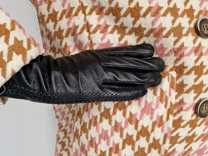 RĘKAWICZKI SKÓRZANE DAMSKIE OCIEPLANE SKÓRA CIELĘCA CZARNE NA JESIEŃ ZIMĘ